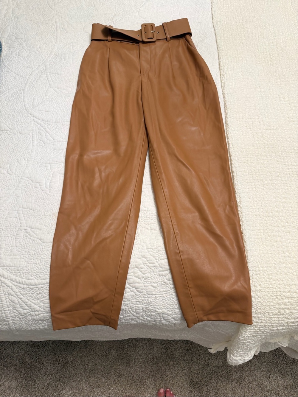 Zara Tan Faux-Leather High-Rise Belted Chinos